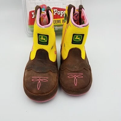 John Deere Infant Johnny Popper Boots Girls Size 4M Tan Mid Brown Dist/Yellow - Image 1 of 4