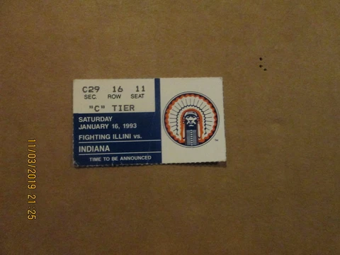 NCAA Fighting Illini vs. Indiana Vintage January 16,1993 Team Logo Ticket Stub Cover