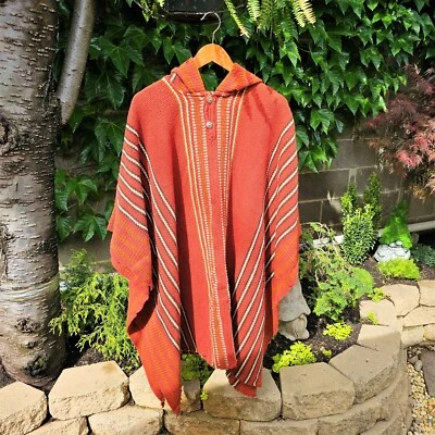 Milmarte Poncho OSFA Burnt Orange Llama Wool Hooded Boho Tribal Festival Ethnic - Image 1 of 4