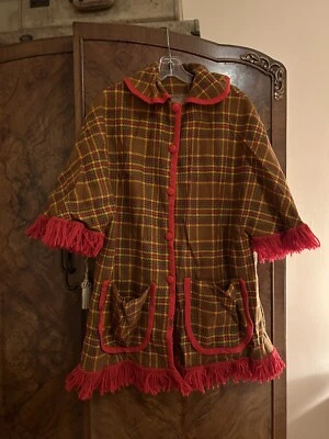 Vtg mid century plaid cape jacket fringe groovy modern boho needs repair on trim - Image 1 of 4