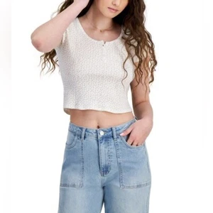 Womens White Floral Print Ribbed Crop Top With Button Detail - Picture 1 of 8