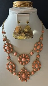 Vintage Peach Pink Gold Tone Necklace 17-20”Bracelet(Senika)5”Earring Set 2” - Picture 1 of 15