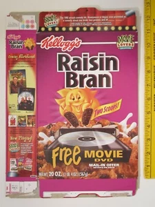 Caja de cereales vacía Kelloggs 2004 RAISIN BRAN DVD oferta 20 oz Z3A15 - Imagen 1 de 2