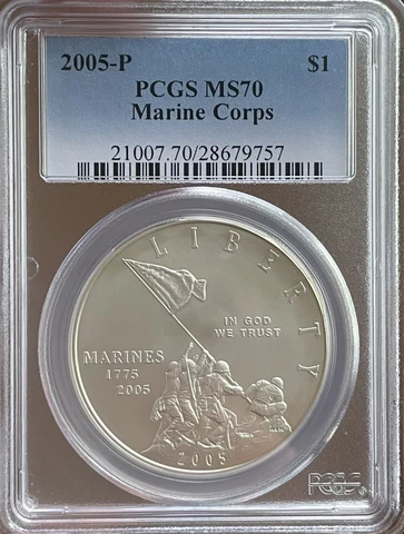 2005 P Marine Corps Commemorative Silver Dollar MS70 PCGS Cover