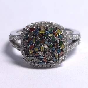 STS Multicolor (IR) Diamond Cluster Platinum Plated 925 Silver Ring Size 8 - Picture 1 of 13