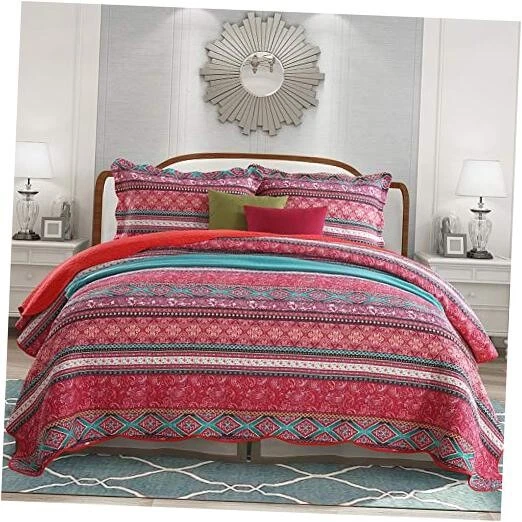 NEWLAKE Cotton Bedspread Quilt Sets-Reversible Patchwork Coverlet Set Stripe...