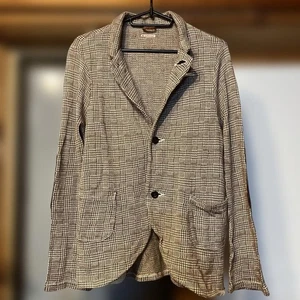 KAPITAL Brown Check Linen Blend Jacket with Leather Elbow Patches Size 1 S - Picture 1 of 7