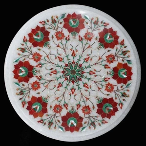 Floral Art Inlay Coffee Table Top with Carnelian Stone | White Marble Side Table - Picture 1 of 3