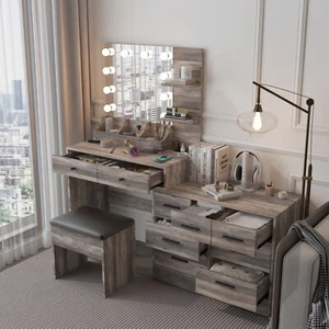 Makeup Vanity Desk Set LED Lighted Mirror with 9 Drawers Dresser & Power Outlet - Picture 1 of 24