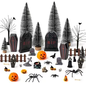 Halloween Village Scene Ornaments Pumpkins Tombstones Skeletons Witch Decor - Picture 1 of 5