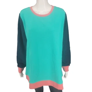 Lands End Serious Sweats Heavy Cotton Colorblock Sweatshirt 3X Plus Sz Teal Top - Picture 1 of 11