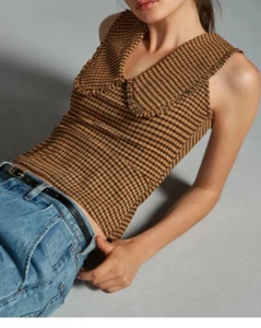Top Anthropologie Maeve marrón negro a cuadros cuello con volantes sin mangas elástico M - Imagen 1 de 8