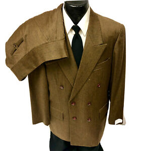 Vtg 40’s Bespoke Brown Sharkskin Double Breasted Rockabilly Wool GANGSTER Suit