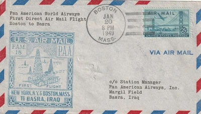 1949  First Flight Cover     Boston MA to Basra, Iraq     Scott #C36 - Image 1 of 2