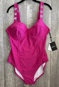 DKNY ORCHID Grommet Balconette Corset Underwire One-Piece Swimsuit, US 16 -NEW! - Picture 1 of 9