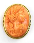 High Relief Carved Salmon Coral Cameo Brooch / Pendant 14k Mount
