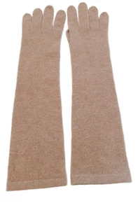 100% cashmere gloves Womens long ELBOW LENGTH  beige tan base layer IMPERFECT - Picture 1 of 15