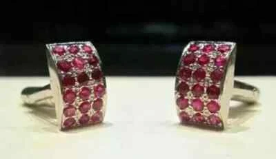 14k White Gold Plated 2.50Ct Round Lab-Created Pink Ruby Cluster Cufflinks Men's - Image 1 of 4