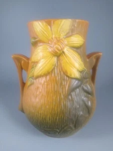 Roseville 103-6 Yellow Floral Brown Double Handled Vase Art Pottery 1940s VTG - Picture 1 of 8
