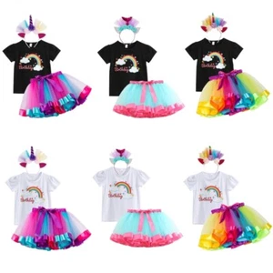 Licorne Girl Birthday Costume Outfits Rainbow Skirt,Licorne Horn Headband - Picture 1 of 26