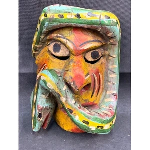 Autentica Antica Maschera Maya Indiana Cerimoniale in Legno con Serpente dal Messico - Foto 1 di 4