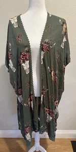 Angie Women M Green Bull Skull Floral Open Kimono Cardigan Western Cowgirl Boho - Picture 1 of 6
