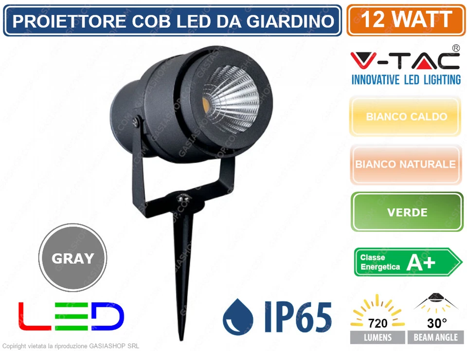 V-TAC VT-857 FARETTO LED COB DA GIARDINO 12W CON PICCHETTO COLORE GRIGIO IP65 - Immagine 1 di 1