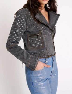 Chaqueta de Moto One Teaspoon REBEL REBEL Tachonada Reciclada Negra DENIM Cremallera Nueva con Etiquetas M Foto 1 de 4