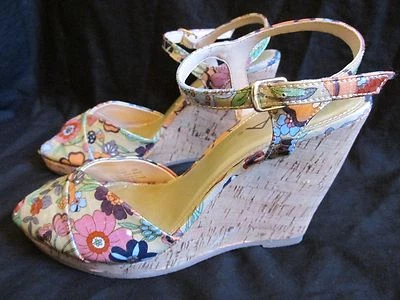 Women's Mia Lili Floral Patent Leather Peep Toe Cork Wedge Strappy Heels Size 8 Foto 1 de 4
