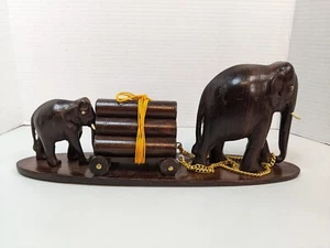 Vintage Burmese Carved Mama & Baby Elephant  Pulling Log length 14.25 inches - Picture 1 of 13