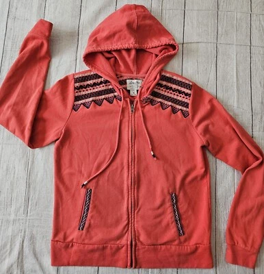 Lucky Brand Women’s Size Medium Vintage Y2K Full Zip Embroidered Hoodie Coral  - Image 1 of 4