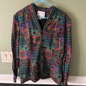 Vintage Adrianna Papell Safe Silk Suit Jacket Womens Sz 16 Pink Black Blue Gold - Picture 1 of 7
