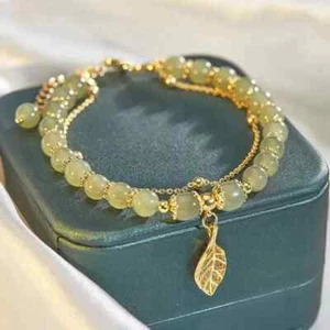 Natural Stone Round Jade Beaded and 18k Gold Chain Double Bracelet - Picture 1 of 2