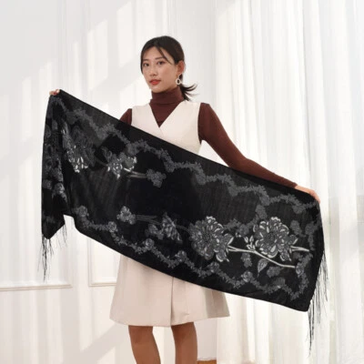 Todo Negro Seda Terciopelo Burnout Bufanda Mujer Doble Floral Diseñador Poncho Invierno Foto 1 de 4