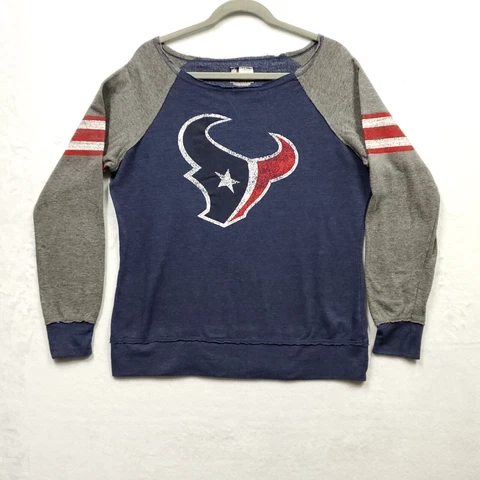 Houston Texans Sweatshirt Big Logo Womens Large L NFL Team Raw Hem Blue Gray Cover