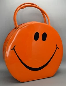 Vintage Mod Tolin MFG Co ORANGE Smiley Gesicht Vinyl Handtasche Reisetasche Etui 1970er - Bild 1 von 21