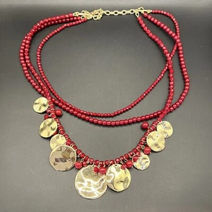 St. Thomas Statement Necklace Red Brass With Gold Tone Medallions Shiny Layered - Picture 1 of 7
