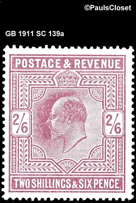 GB 1911 SC 139a KING EDWARD VII ТЕМНО-ФИОЛЕТОВЫЙ 2s/6p MHR OG WM31 F/VFINE - Изображение 1 из 2