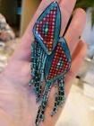 HAND PAINTED on Shed Antler NATIVE AMERICAN BEADED DANGLE EARINGS 3.25&quot; Turquois