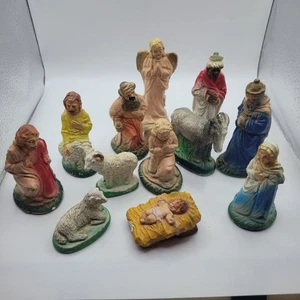 Vtg Chalkware Nativity Set 12 Pieces Sheep Donkey Baby Jesus Christianity - Picture 1 of 12