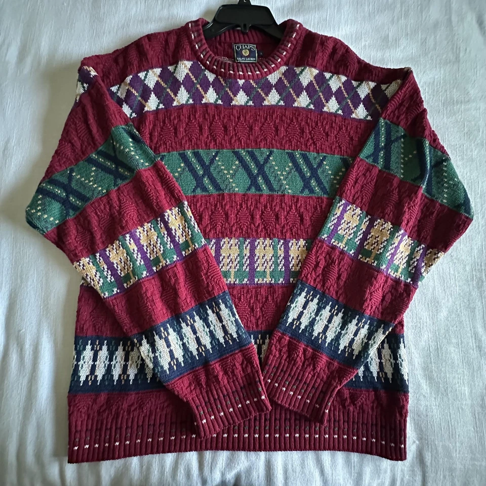 Vtg CHAPS Ralph Lauren Sweater Mens L Crewneck Chunky Cotton USA 90s Fisherman - Image 1 of 4