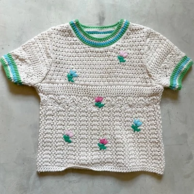 Zara Girls Crochet Cottagecore Floral Embroidered Boho Knit Top Sweater 6-7 - Image 1 of 3