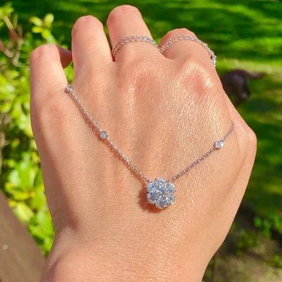 Thanks Giving ! Round Cut 1.30Ct Lab Grown Diamond Cluster Necklace 14k Gold 18" - Image 1 of 4