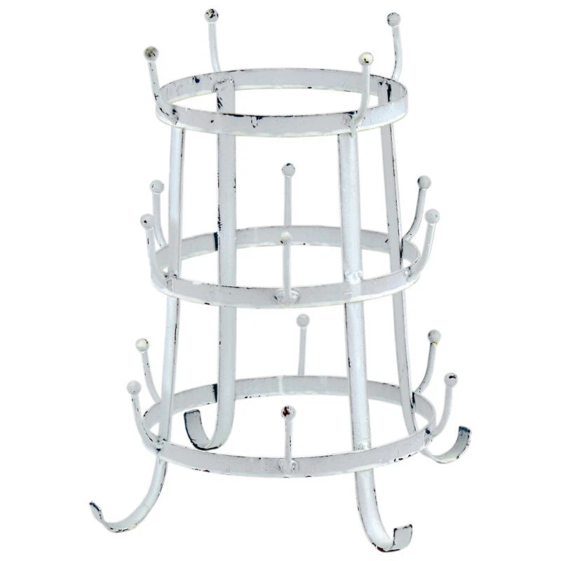 41cm Scroll 16 Mugs / Cups Stand Holder Metal White Mug Rack Country 3-Tier - Image 1 of 1