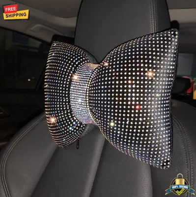 Diamond Crystal Bowknot Car Neck Pillow Bling Headrest Support Plush Cushion - Image 1 of 3
