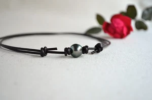 Tahitian Pearl on Greek Leather Adjustable Choker Handmade Pearl Jewelry for Her - Picture 1 of 13