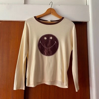 Vintage 1960s Brown Smiley Face Satin Appliqué Tee "Mr Freedom" Style Large - Image 1 of 4