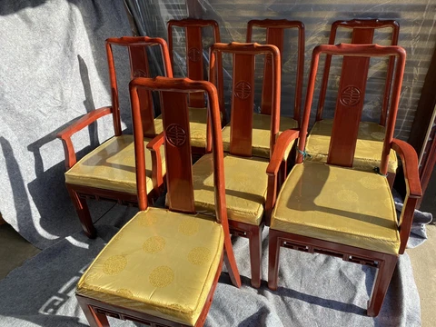 Rare Vintage Chinese Carved Wood Set of 7 Dining Chairs Cover