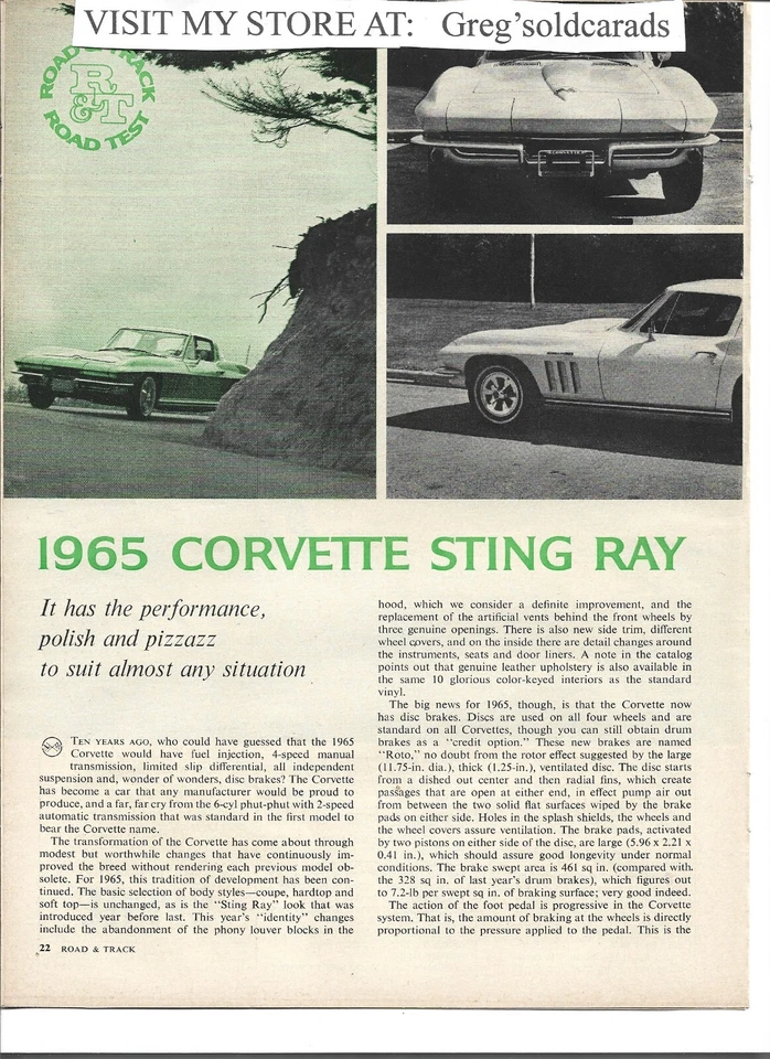 Original 1965 Corvette Sting Ray 4 page road test - in vintage print ad category - Image 1 of 1