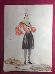 ZEICHNUNG BLEISTIFT PAPIER UND AQUARELL JUNGE FRAU MODISCH KORB 50er Jahre - Bild 1 von 6